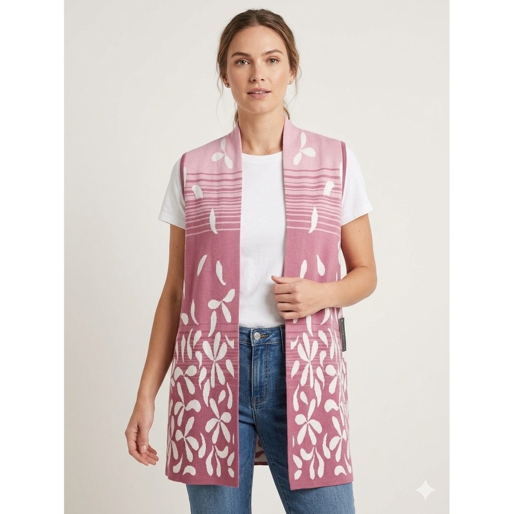 Investments  XL Pink Floral Vest Open Front‎ BohemianSleeveless Cardigan New